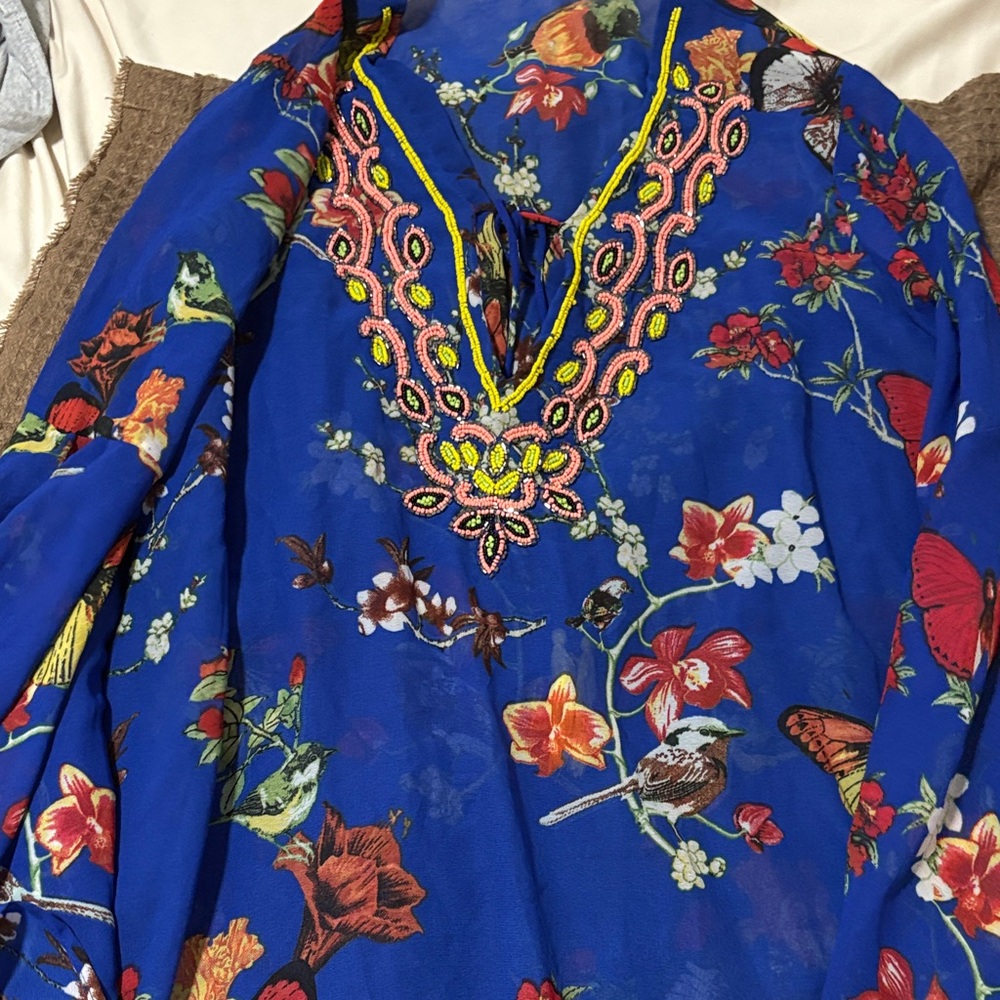 Blue Floral Embroidered V-Neck Swim Coverup Tunic